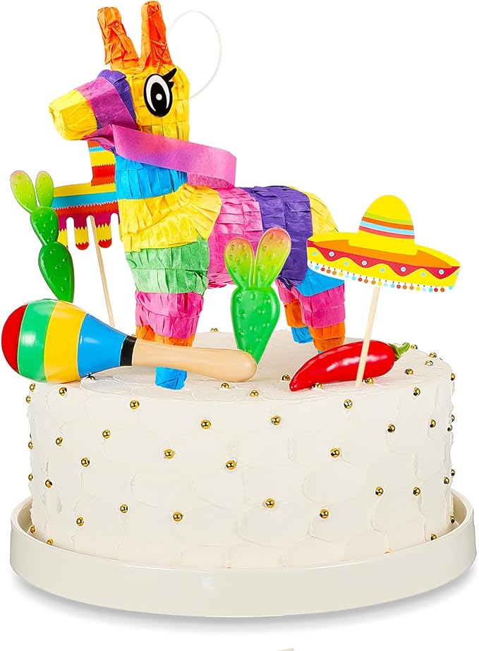 Tinlade 15 Pcs Fiesta Cupcake Topper Mexican Theme Cake Decoration Cactus Piñata Cinco De Mayo Taco Party Decorations with Wooden Sand Hammer and Foam Chili Decorations for Rainbow Party(Cute Style)