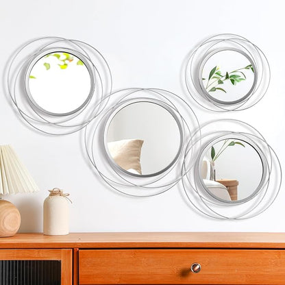 Hicarer 4 Pcs Decorative Wall Mirror Round Modern Mirror Circle Mirror Wall Art Ring Metal Mirror Wall Decor Wall Mounted Mirror for Bedroom Living Room Entryway Dining Room Hallway (Silver)