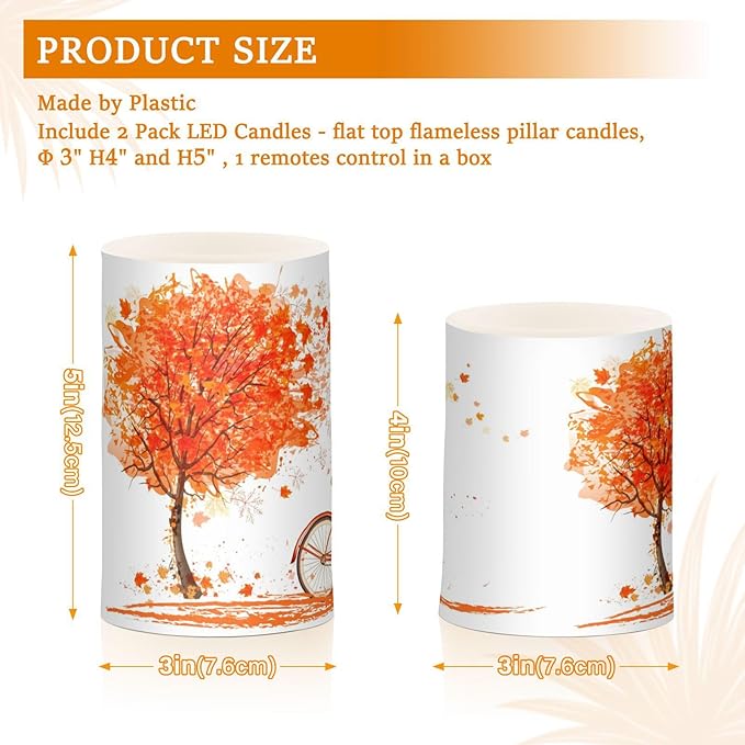 ALAZA Autumn Fall Tree and A Bicycle Thanksgiving Flickering Flameless Candles Battery Operated with Remote Timer,Tea Light Candles LED Pillar Votive Candles Set of 2 for Outdoor Indoor Decorations