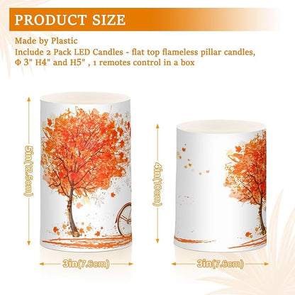 ALAZA Autumn Fall Tree and A Bicycle Thanksgiving Flickering Flameless Candles Battery Operated with Remote Timer,Tea Light Candles LED Pillar Votive Candles Set of 2 for Outdoor Indoor Decorations