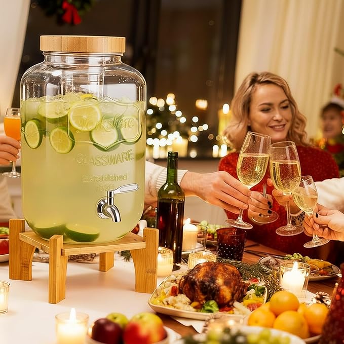 Honeydak 2 Pack 2.6 Gallon Glass Drink Dispenser for Parties, Large Beverage Dispensers with Wooden Stand, Lid & Stainless Steel Spigot for Wedding, Bars, Restaurants, Juice, Water, Lemonade, Cocktail