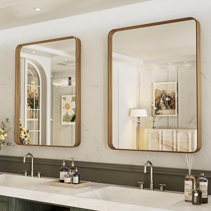 LOAAO 20X30 Inch Bathroom Mirror with Wood Grain Colored Metal Frame, Rounded Rectangle Metal Framed Bathroom Mirror, Anti-Rust, Hangs Horizontally or Vertically