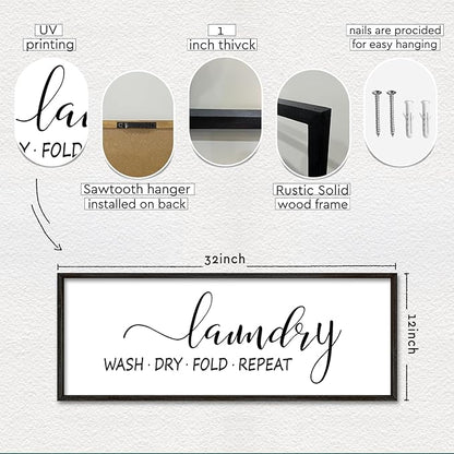 Laundry Room Wall Decor Sign 32"×12" Bathroom Laundry Rules Wash Dry Fold Repeat Large Wood Framed Wall Hanging Art (Black)
