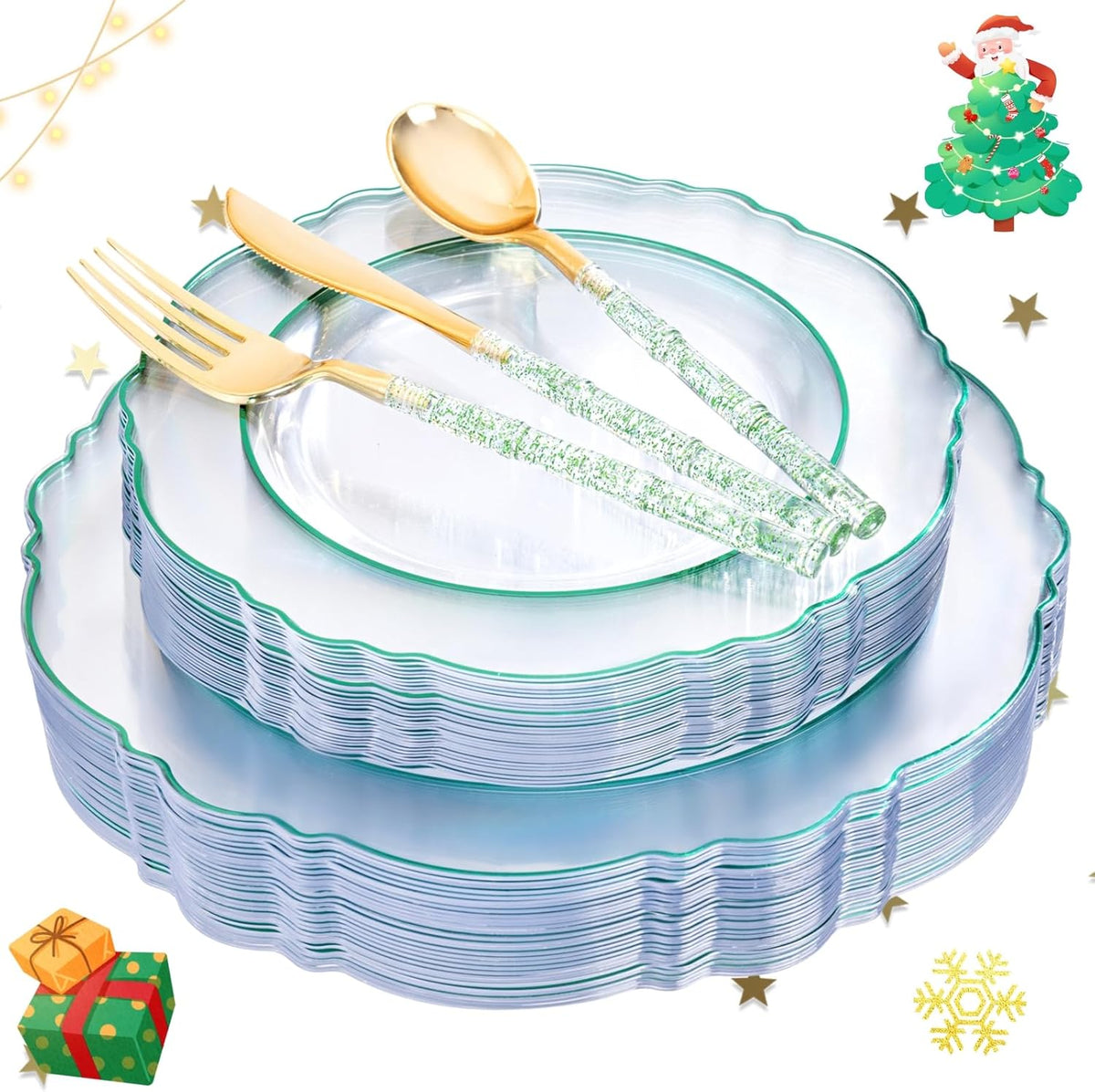 Liacere 150PCS Clear and Green Plastic Plates - Disposable Plates with Glitter Bamboo Handle Cutlery - 60 Baroque Elegant Plates,30Forks,30Spoons,30Knives for Christmas