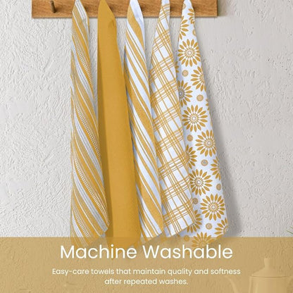 Assorted Kitchen Towels - Mustard Yellow Towels, Set of 5, 16x26 in - Absorbent 100% Cotton Dish Towels with Hanging Loop - Waffle Weave Tea Towels for Drying Dishes, Glassware & Counters