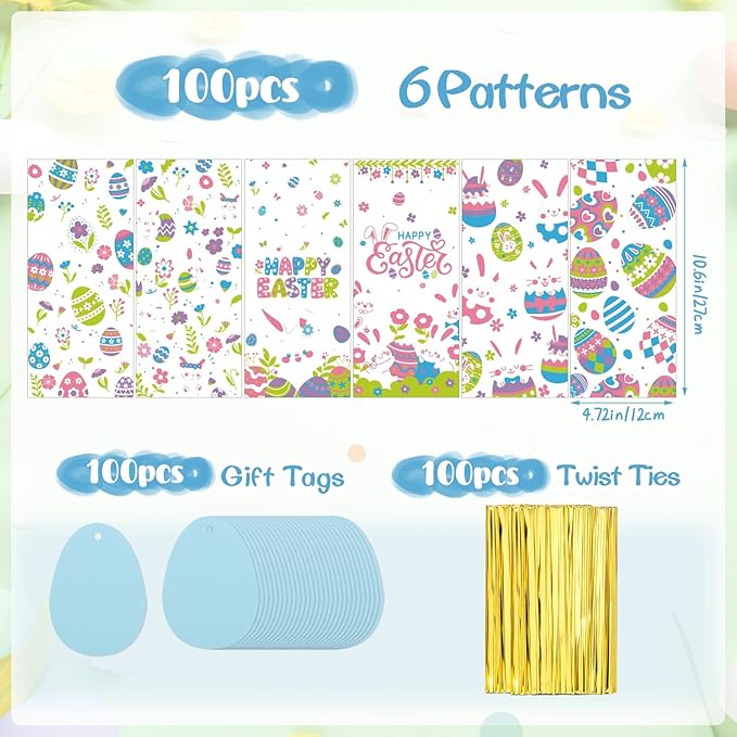woric 100PCS Easter Cellophane Treat Bags with Gift Tags Easter Bunny Candy Bags Clear Egg Goodie Bag with 100 Twist Ties for Spring Party Favor Supplies