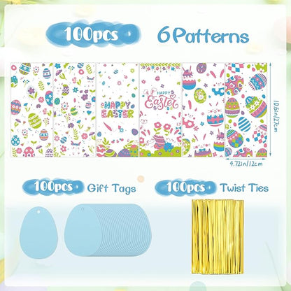 woric 100PCS Easter Cellophane Treat Bags with Gift Tags Easter Bunny Candy Bags Clear Egg Goodie Bag with 100 Twist Ties for Spring Party Favor Supplies