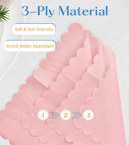 100 Pack Cocktail Napkins, 3-Ply Scalloped Edged Wedding Napkins Folded 5 x 5 Inches Dessert Napkins, Disposable Napkins for Dinner Birthday Party Bridal Anniversary Baby Shower Reception (Pink)