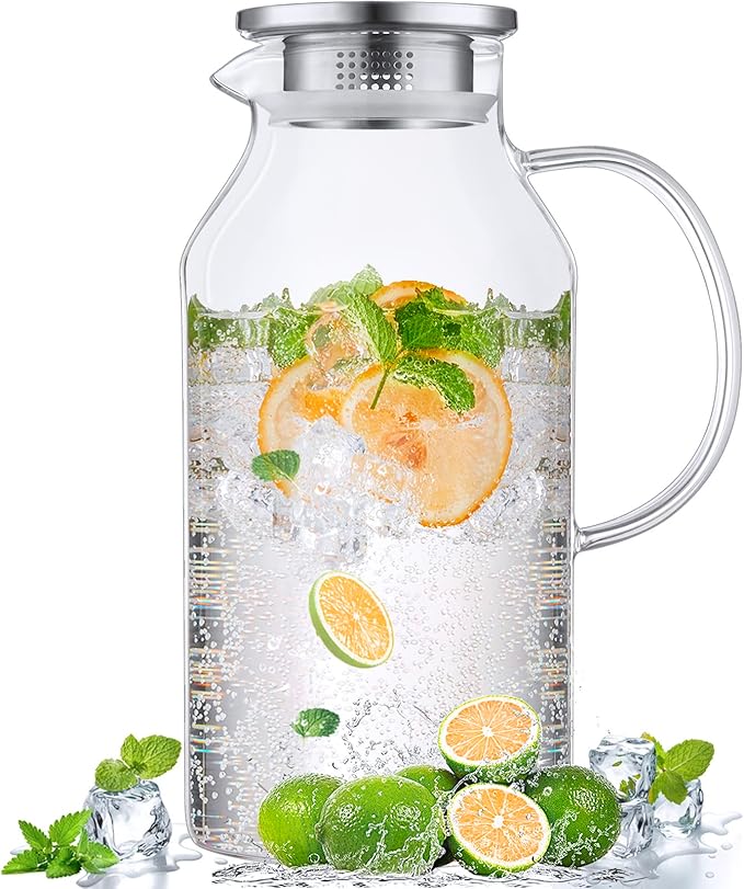 Bivvclaz 2.6 Liter 88 oz Glass Pitcher with Lid and Handle, Glass Water Carafe for Hot/Cold Water, Iced Tea Pitcher, Large Pitcher for Coffee, Juice and Homemade Beverage