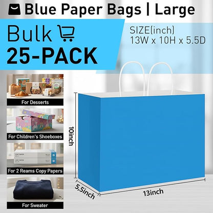SUNCOLOR Blue Gift Bags with Handles, 13x10x5.5 Inch Large Party Favor Shopping Bags for Birthday Retail, 25 Pack