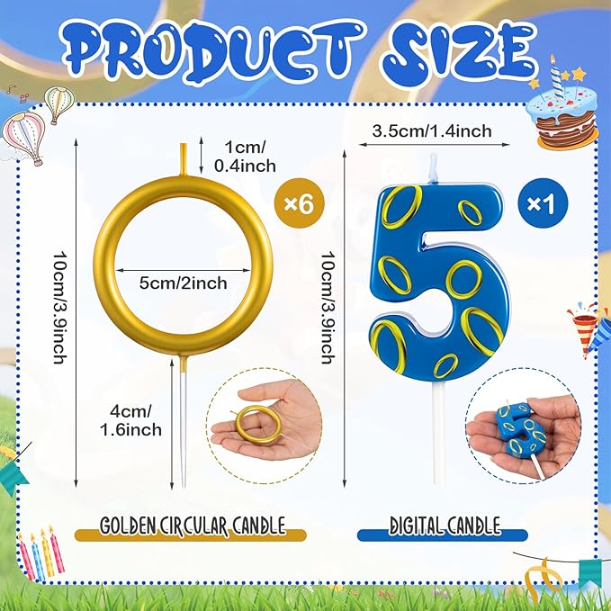Conelist 7 Pcs Gold Ring Birthday Candles Number Candle Cake Topper Cartoon Characters Themed Candle for Wedding Anniversary Valentine's Day Birthday Party Decorations Supplies(Number 5)