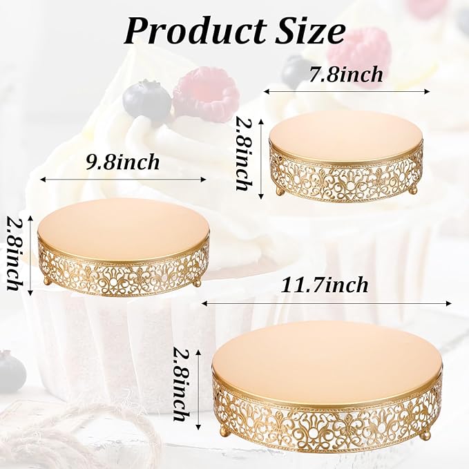 3 Pieces Golden Cake Stand Set, 8/10/12 Inch Round Metal Dessert Display Stand Decorative Cake Holder Cupcake Pastry Candy Display Plate for Wedding, Party, Birthday, Event