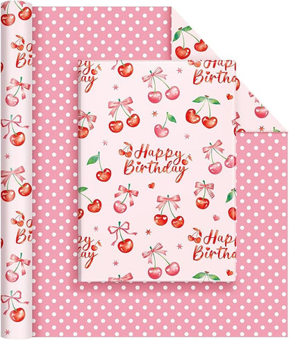 WERNNSAl Cherry Bow Wrapping Paper Roll- 1 Roll 17” x 33 ft Cherry Bow Tie Ribbon Gift Wrapping Paper for Girls Women Birthday Pink Birthday Wrap Paper with Polka Dot Design for Party Supplies