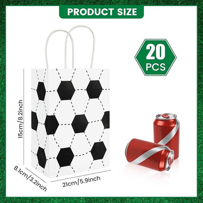Ethanberg 20Pcs White Soccer Party Favor Bags with Handles, Sports Themed Kraft Paper Gift Bags Candy Snack Bag, Goodie Bag for Sport Team Ball Events Theme Birthday Party Supplies