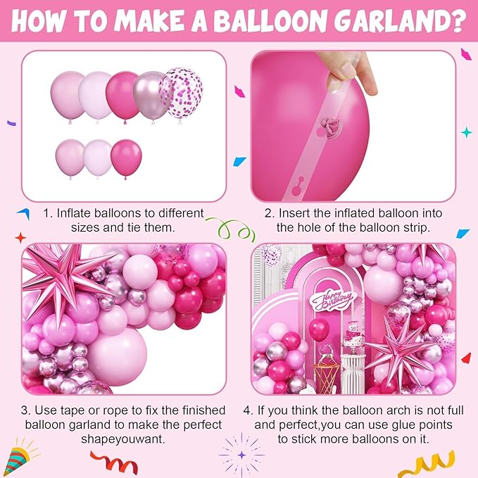 Pink Balloon Arch Kit with Star Foil Balloons, Metallic Pastel Pink Confetti Balloos for Happy Mothers Day Girls Women Birthday Wedding Baby Shower Princess Theme Party Decorations