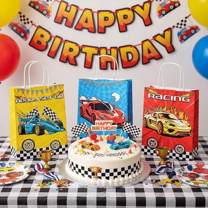 24 Pcs Racing Car Party Favor Bags with Handles - Race Car Goodie Bags Gift Bags. Checkered Two Fast Theme Candy Bags for Kids, Kraft Paper Bags for Birthday Party Supplies Decorations
