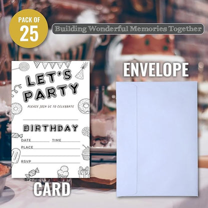 Let's Party Candyland Birthday Invitations for Girls Boys Teens Kids - Dessert, Hand Drawn Minimalism, Black and White, Candy Balloon Streamer - 25 Pcs 4x6 Inch with Envelopes (Black Pattern)