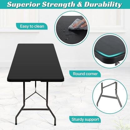 8Ft Folding Table - Heavy Duty Portable Camping Table for Backyard BBQ, Picnic Party, Tailgating & Indoor Events - Water-Resistant Top, Sturdy Steel Frame, Anti-Tip Design, Easy Clean, Black
