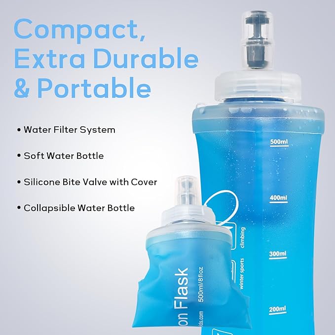 700ml Soft Flask Water Bottle, Collapsible Water Bottle with Filter, Perfect for Hiking, Backpacking, and Camping - Blue