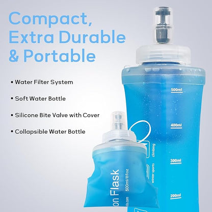 700ml Soft Flask Water Bottle, Collapsible Water Bottle with Filter, Perfect for Hiking, Backpacking, and Camping - Blue