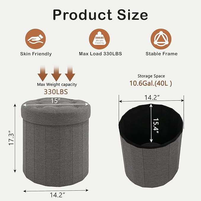 CAROLMADE Round Storage Ottoman, Linen Folding Footrest Stool