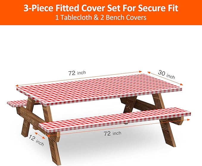 6ft Picnic Table and Bench Cover, Camping Essentials RV Gear, 72in Waterproof Windproof Outdoor Elastic All Around Tablecloth, Fitted Rectangle Tables and Seats, Red-White Checkered