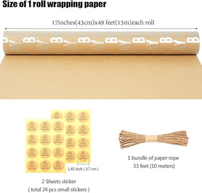MAMUNU Birthday Wrapping Paper Roll, Silver and Brown Kraft Happy Birthday Wrapping Paper Jumbo Roll for Boys Girls Women Men, 17x590 inch (70 sq. ft.)