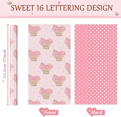 WERNNSAI Sweet 16 Birthday Wrapping Paper - 1 Roll 17”x 33ft Happy Birthday Wrapping Paper Pink Love Heart Gift Wrap for Girls Daughter Granddaughter Friends Sweet Sixteen Gifts Supply