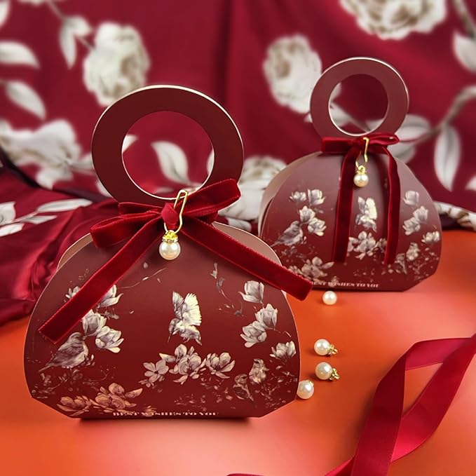 20 PCS Small Gift Boxes, Flower & Bird Party Favor Boxes Goodie Bags with Handle, Velvet Bow, Pearl Pendant for Wedding Anniverary Valentine's Day Birthday Party Presents 4"x5.1"x1.4"(Wine Red)