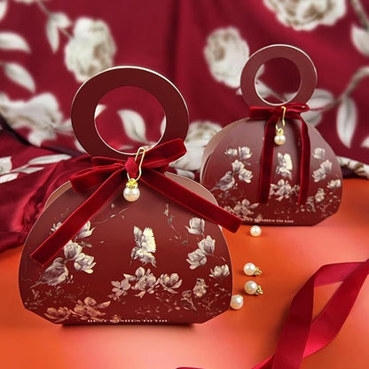 20 PCS Small Gift Boxes, Flower & Bird Party Favor Boxes Goodie Bags with Handle, Velvet Bow, Pearl Pendant for Wedding Anniverary Valentine's Day Birthday Party Presents 4"x5.1"x1.4"(Wine Red)