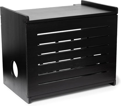 Wooden WiFi Router Storage Box - Deluxe Wall Mountable Decorative Modem Shelf Hider Cover with Cable Management System - Rustic Home Organization Solution for Most Routers Up to 11" Tall - Black