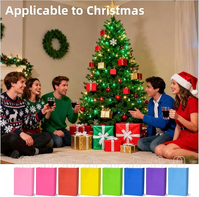 Klean & Conwenice 32Pcs Paper Gift Bags with Handles5.25x7.9x3.15'', 8 colors,Small Size ,Kraft Paper Party Favor Bags ,Rainbow Goodie Bags For Christmas Halloween Kids Birthday Party Baby Shower Party Supplies