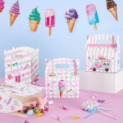 WERNNSAI 12 Pack Ice Cream Party Boxes - Ice Cream Birthday Decorations Summer Party Favor Boxes for Girls Kids Pink Purple Popsicle Candy Gift Box for Birthday Holiday Decoration