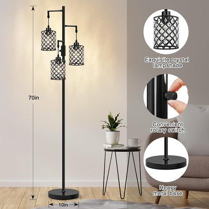 GyroVu Crystal Floor Lamps for Living Room, 3-Light Black Floor Lamp, Standing Tall Lamp with Elegant K9 Crystal Shade & Rotary Switch, Modern Corner Floor Lamp for Bedroom, Home Office, Reading