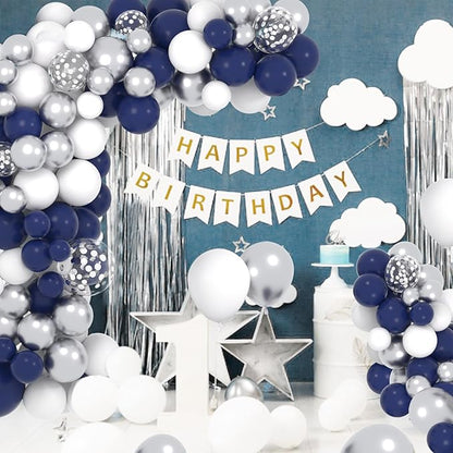 Navy Blue Silver Balloon Arch Garland Kit, 122PCS Navy Blue White Metallic Silver Confetti Balloons for Birthday Graduation Wedding Retirement Anniversary Engagement Father Day Party Decoration