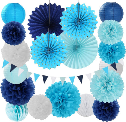 Light-Royal Navy-Blue White Party-Decorations - 20pcs Boy Baby Shower Paper Lanterns Fans,Tissue Pom Poms,Honeycomb Balls,Birthday Bachelorette Bridal Wedding Under The Sea Frozen Decor Burgleda
