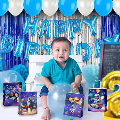 24 Pcs Astronaut Party Favor Bags with Handles - Space Galaxy Themed Solar Eclipse Goodie Gift Candy Kraft Paper Bags for Kids Birthday Party Supplies Decorations