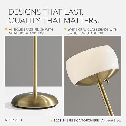 Adesso Antique Brass Torchiere Floor Lamp with White Opal Glass Shade - 300W Double Socket Construction Accent Lighting for Bedroom, Living Room, or Home Office, 71” Tall