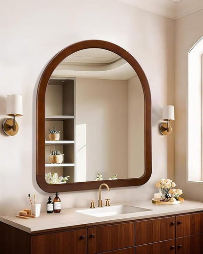 Arched Mirror 30 x 36 Inch,Walnut Brown Wood Rustic Bathroom Tempered Wall Mirror with Wood Frame,Round Corner Arch Farmhouse Wooden Vanity Mirror for Living Room,Entryway or Bedroom