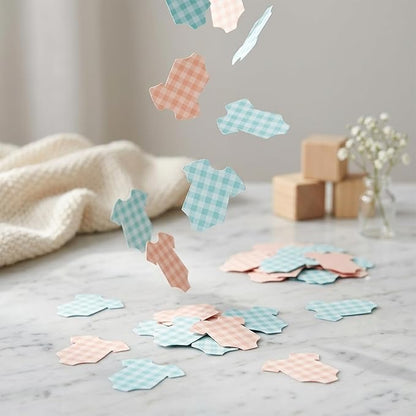 BeYumi Baby Shower Table Confetti - 300Pcs Blue Pink Short-Sleeve Bodysuits Table Confetti Decorations Plaid Baby Outfit Scatter Paper Decor for Baby Girls Boys Gender Reveal Birthday Party Supplies