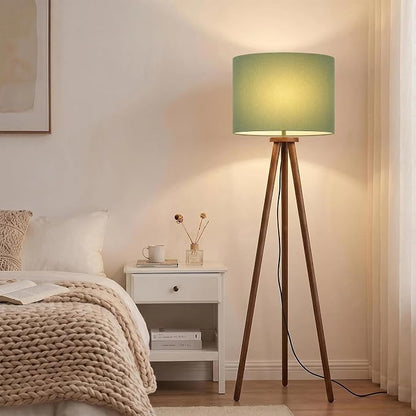 Buruis 60.6" Solid Wood Tripod Floor Lamp with 15.7" Large Linen Shade, Mid-Century Walnut Finish Standing Lamp for Living Room, Bedroom, Office, Corner, UL Listed, Bulb Not Included, Green