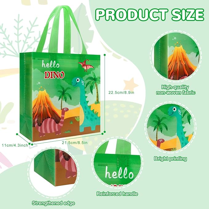 Pinsit 40 PCS Colorful Dinosaur Party Favor Bags, Non Woven Dinosaur Goodie Bags, Dinosaur Themed Reusable Gift Bags with Handles for Boys Girls Birthday Baby Shower Party Supplies