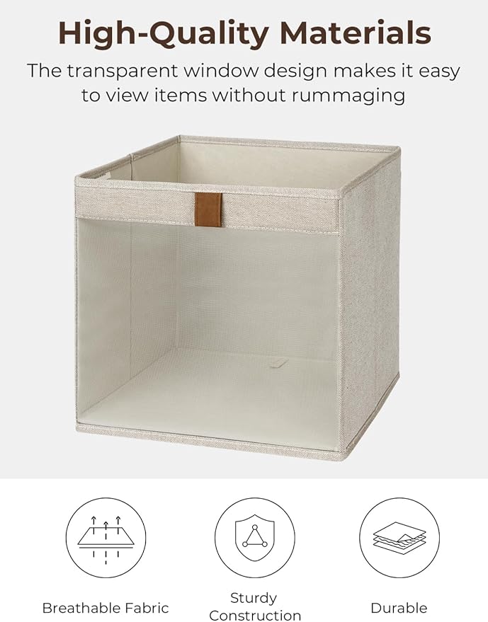 StorageWorks 13x13 Storage Cubes, Closet Storage Bins with Clear Window, Large Fabric Organizer for Clothes, Collapsible Storage Baskets with PU Handles, Brown and Beige, 3-Pack