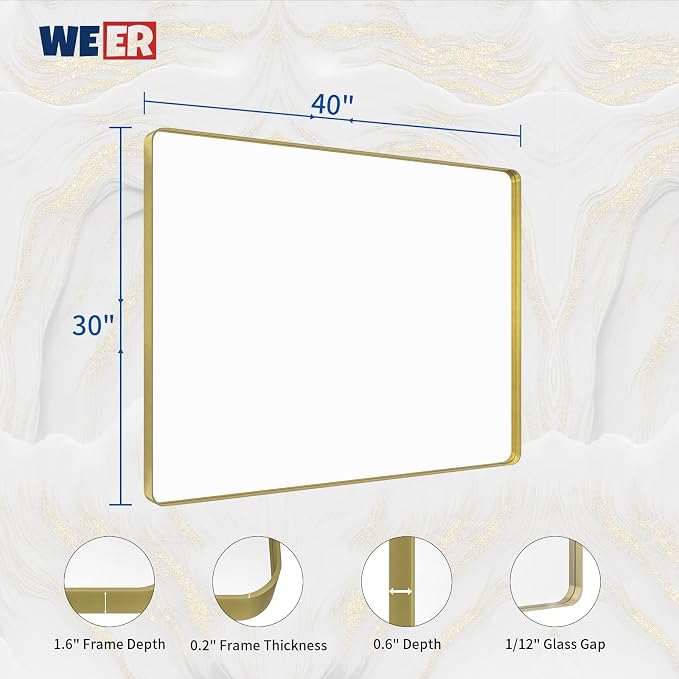 WEER Gold Bathroom Mirror, 40X30 Inch Brushed Gold Metal Frame Mirror, Rounded Rectangle Gold Bathroom Vanity Mirror for Wall, Tempered Glass, Anti-Rust, Hangs Horizontally or Vertically