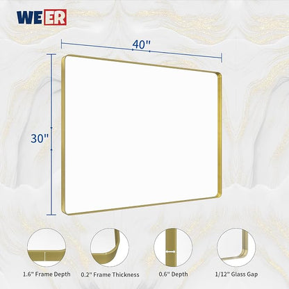 WEER Gold Bathroom Mirror, 40X30 Inch Brushed Gold Metal Frame Mirror, Rounded Rectangle Gold Bathroom Vanity Mirror for Wall, Tempered Glass, Anti-Rust, Hangs Horizontally or Vertically