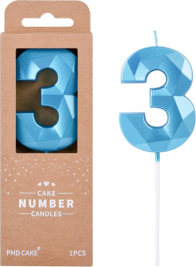 PHD CAKE 2.76 Inch Crystal Blue 3 Number Birthday Candles, Blue Number Candles, Cake Number Candles, Party Celebration