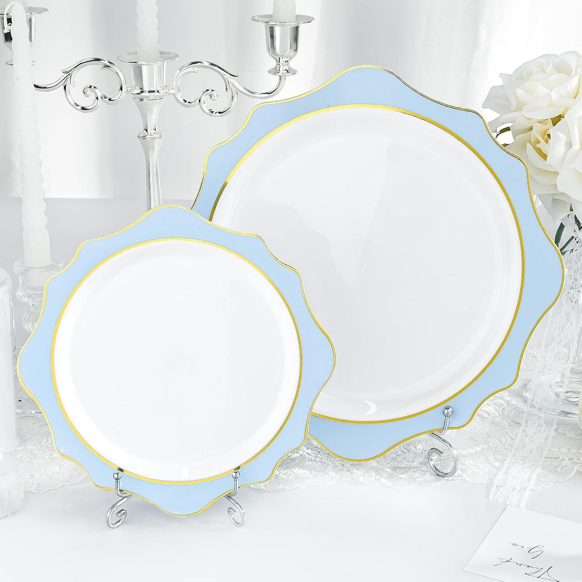100 PCS White and Blue Disposable Plates for 50 Guests, Scalloped Plastic Plates Include 50 Dinner Plates and 50 Dessert Plates for Party, Wedding and Graduation