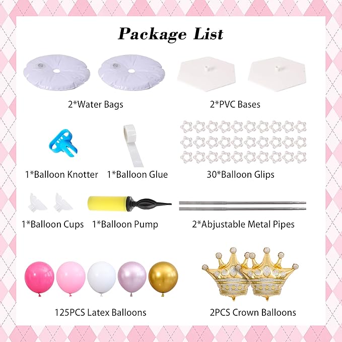 Princess Pink and White Gold Balloon Column Stand Kit Set of 2 for Floor Princess Birthday Party Balloon Arch Kit with 125PCS Hot Pink White Gold Balloon Towers for Girl Birthday Party Decorations