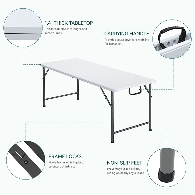 YITAHOME 6FT Folding Table, Outdoor Folding Table w/Heavy Duty HDPE Tabletop, Rectangle Folding Tables w/Portable Carrying Handle for Picnic, Parties, Camping & Indoor Activities, White