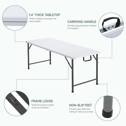 YITAHOME 6FT Folding Table, Outdoor Folding Table w/Heavy Duty HDPE Tabletop, Rectangle Folding Tables w/Portable Carrying Handle for Picnic, Parties, Camping & Indoor Activities, White